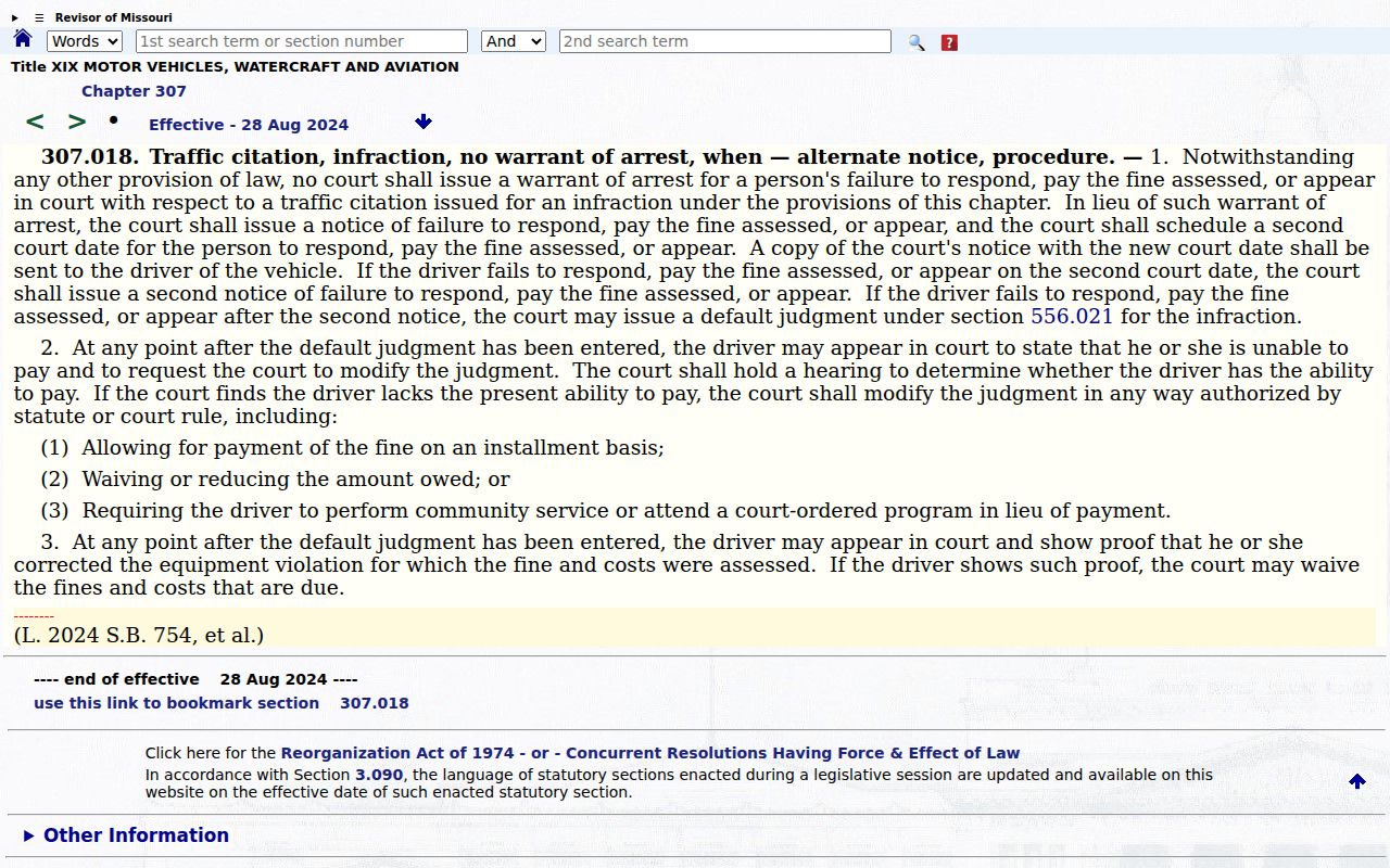 Official Missouri Chapter 307 traffic statute