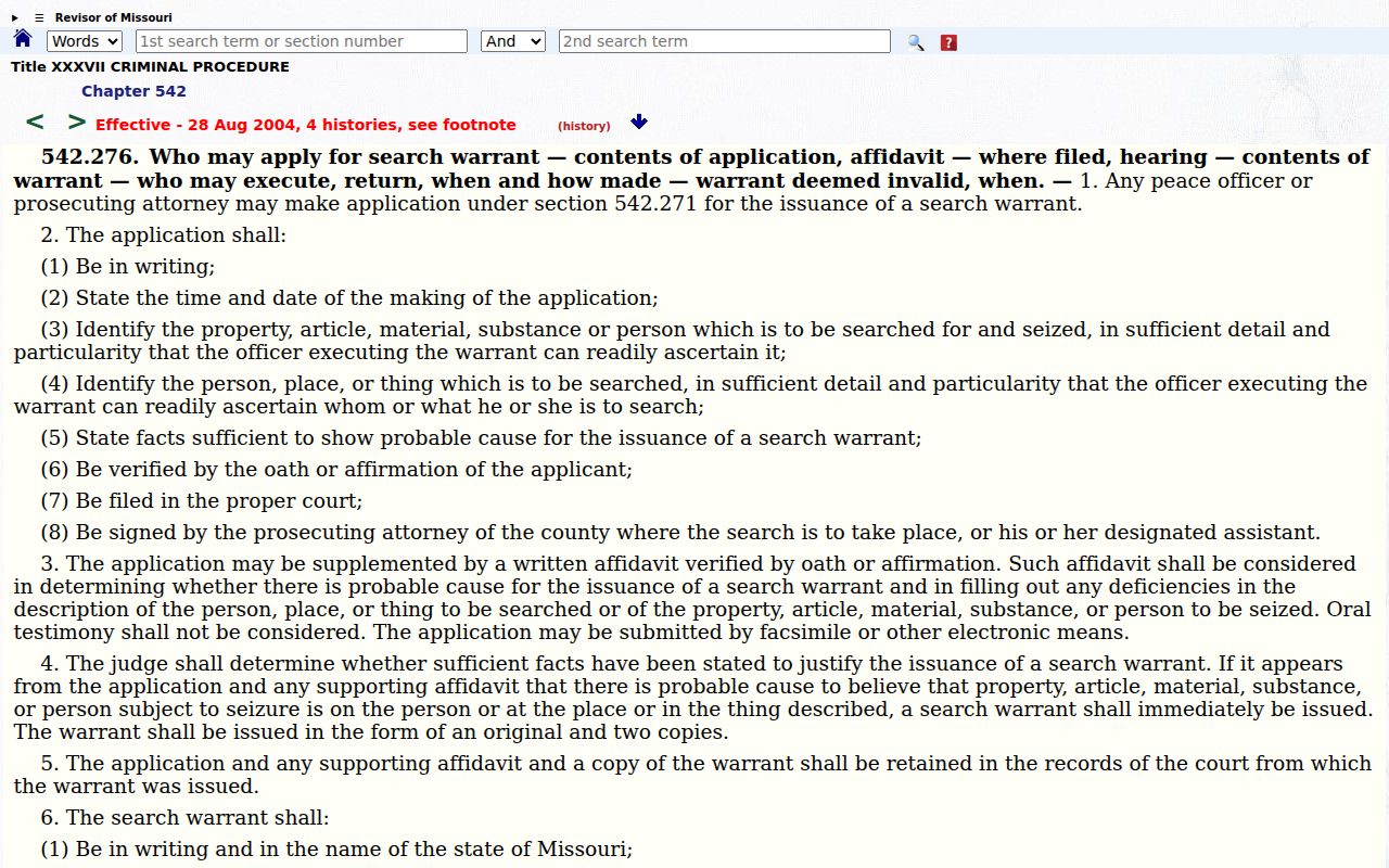 Official Missouri warrant statute page